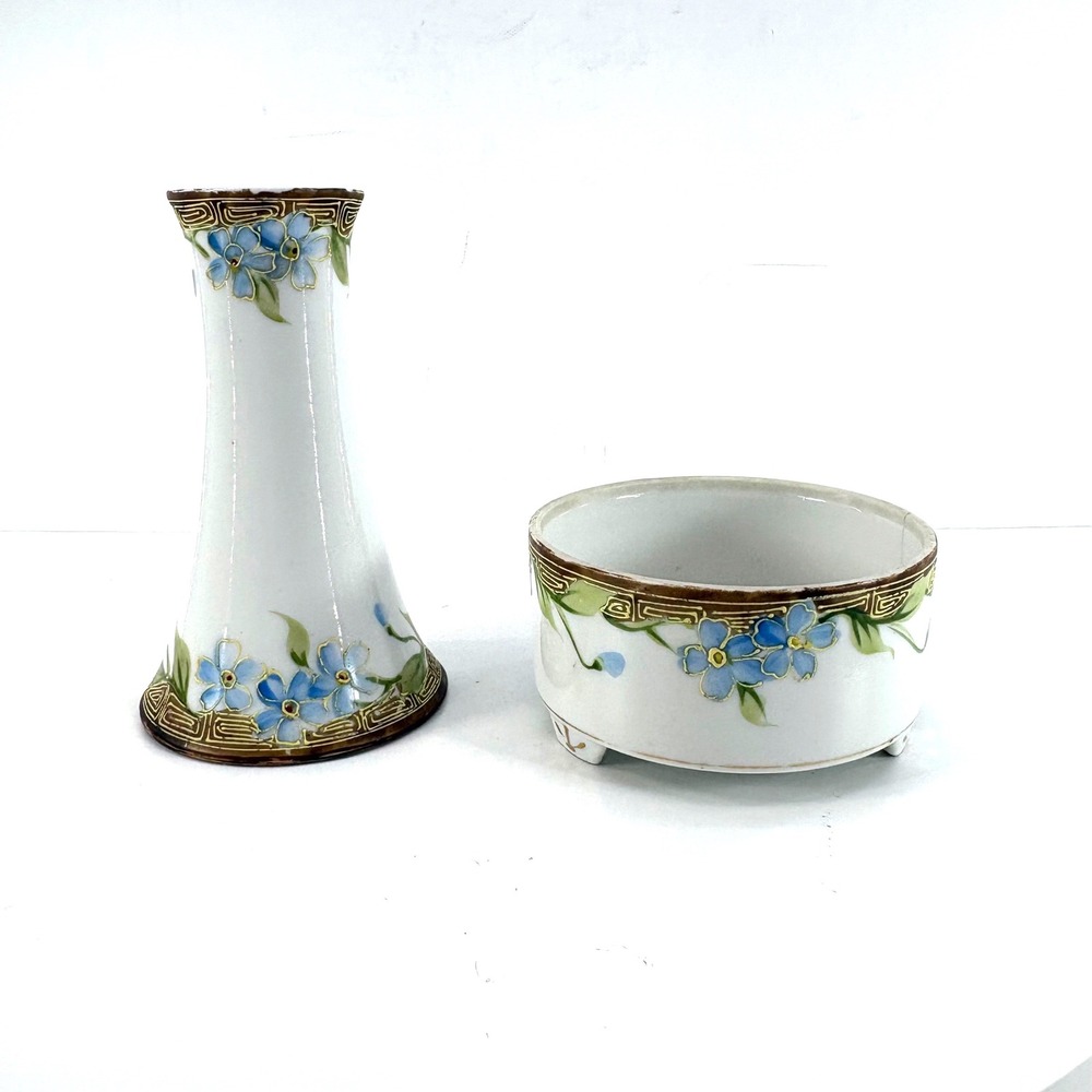 Antique Nippon Hand‎ Painted Porcelain Vase & Footed Bowl Set Blue Floral Gold